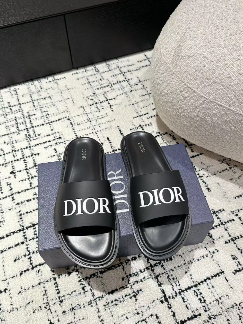 Dior Black Bold Logo Open Toe Slip‑On Slide Sandals